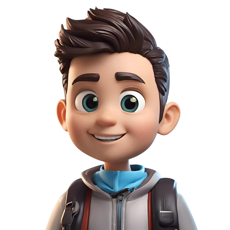 3D illustrated avatar of Patrick Molina wearing a grey hoodie and backpack