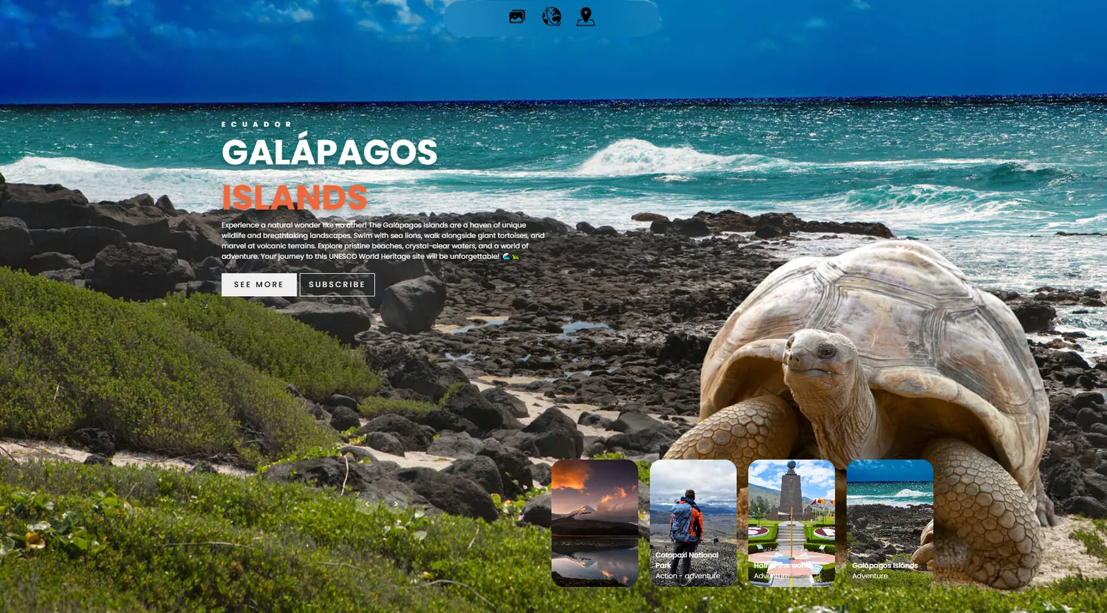 Hidden Wonders EC landing page featuring a giant tortoise on the Galápagos coast
